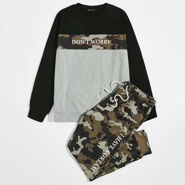 

Men Slogan Graphic Camo Panel Colorblock Pullover & Joggers Set, Multicolor