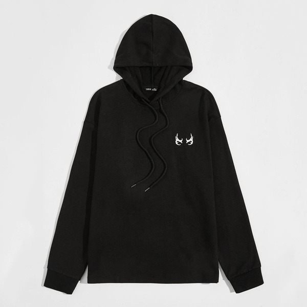 

Men Drawstring Detail Graphic Print Hoodie, Black