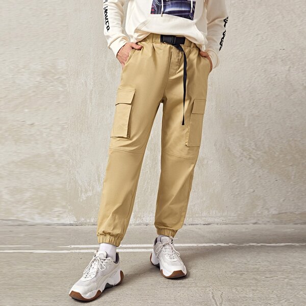 

Men Push Buckle Flap Pocket Cargo Pants, Khaki