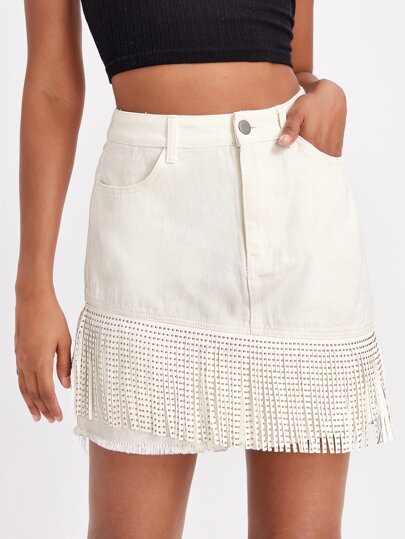 fringe hem denim skirt