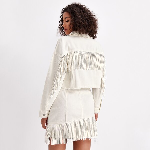 

Drop Shoulder Fringe Trim Denim Jacket, White