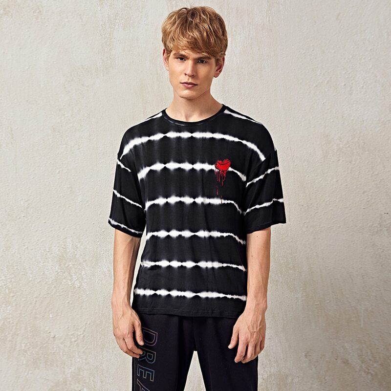 

Men Embroidered Detail Tie Dye Top, Black and white