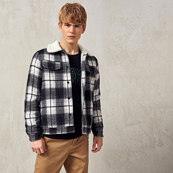 

Men Single Breasted Shearling Lined Plaid Jacket, Black and white