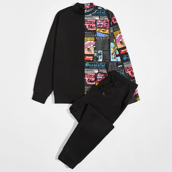 

Men Pop Art Print Pullover & Drawstring Sweatpants Set, Black