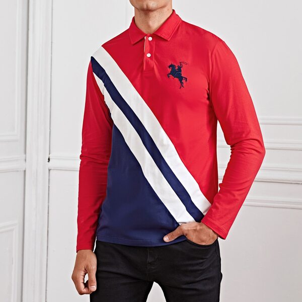

Men Embroidered Detail Colorblock Polo Shirt, Multicolor