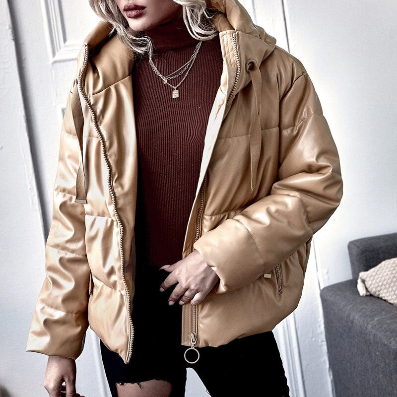 

Drawstring Hem PU Puffer Jacket, Khaki