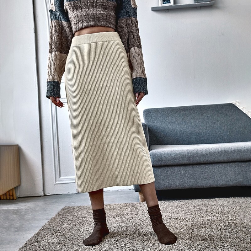 

High Waist Rib Knit Skirt, Beige