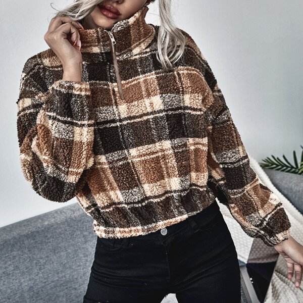 

Plaid Quarter Zip Teddy Sweatshirt, Multicolor