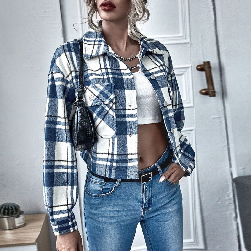

Plaid Print Single Breasted Flap Pocket Drop Shoulder Jacket, Blue and white