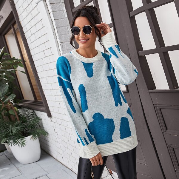 

Drop Shoulder Color Block Sweater, Blue and white