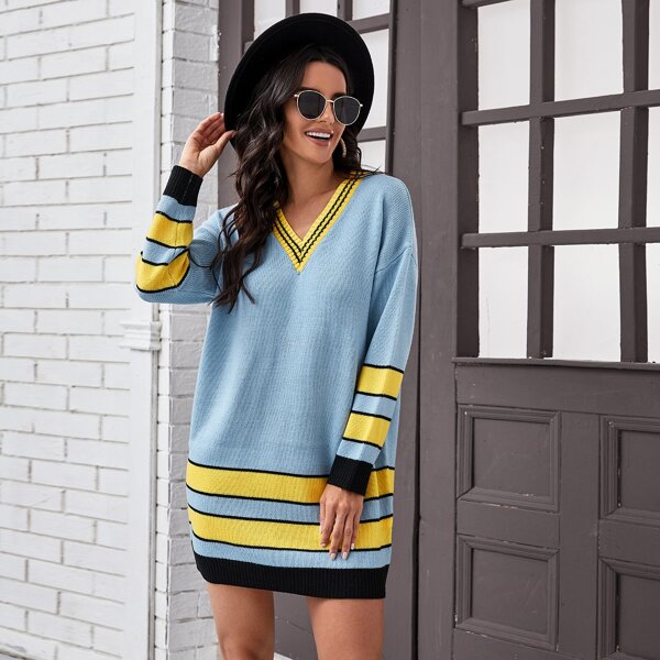 

Drop Shoulder Striped Sweater Dress, Baby blue