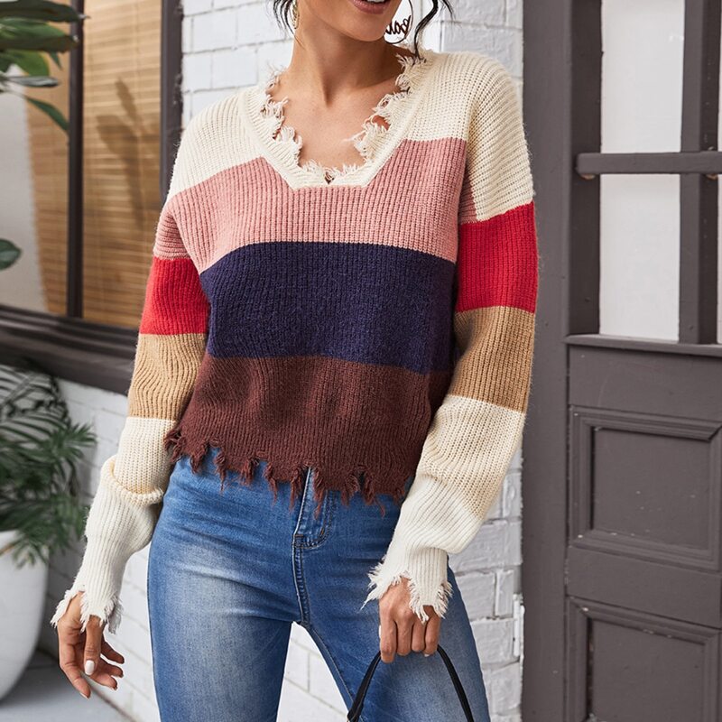 

Drop Shoulder Colorblock Distressed Sweater, Multicolor