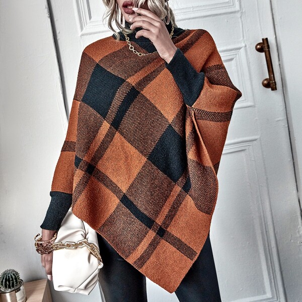 

Plaid Turtleneck Asymmetrical Hem Ribbed Poncho, Multicolor