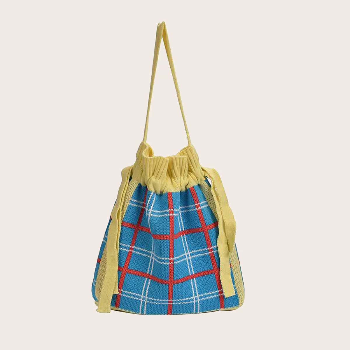 

Plaid Knit Shoulder Bag, Yellow