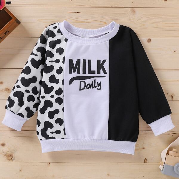 

Toddler Boys Cow Print Color Block Sweatshirt, Black and white