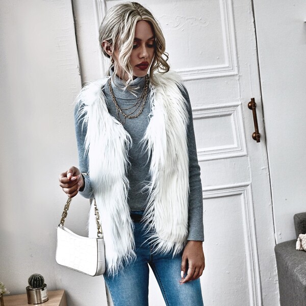 

Faux Fur Open Front Vest Coat, White