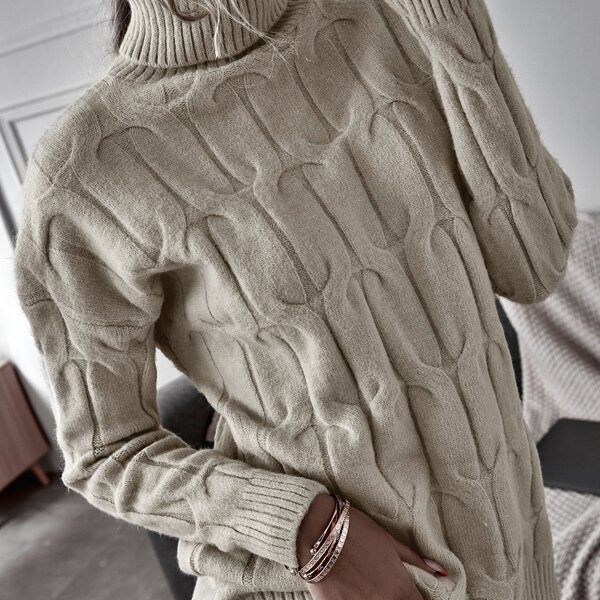 

Cable Knit Turtleneck Drop Shoulder Sweater, Beige
