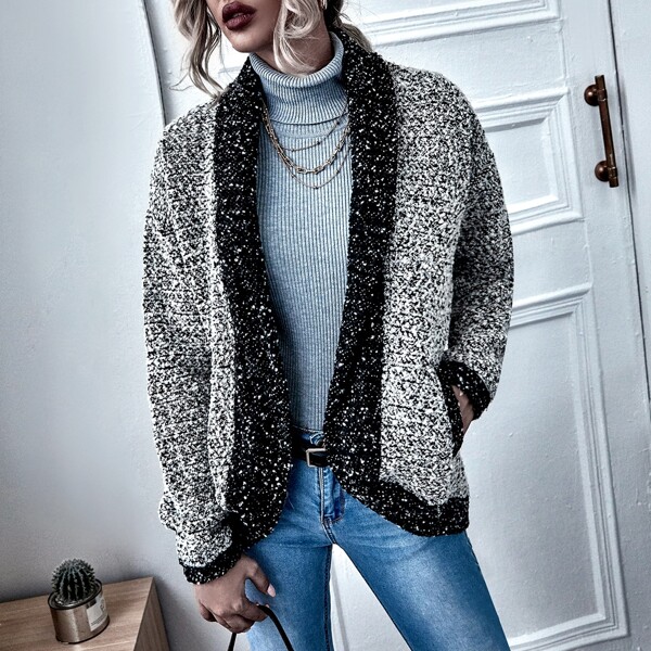 

Marled Contrast Trim Open Front Cardigan, Grey