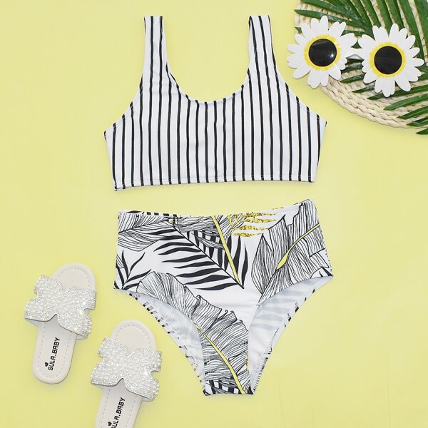 

Girls Striped & Tropical High Waisted Bikini Swimsuit, Multicolor
