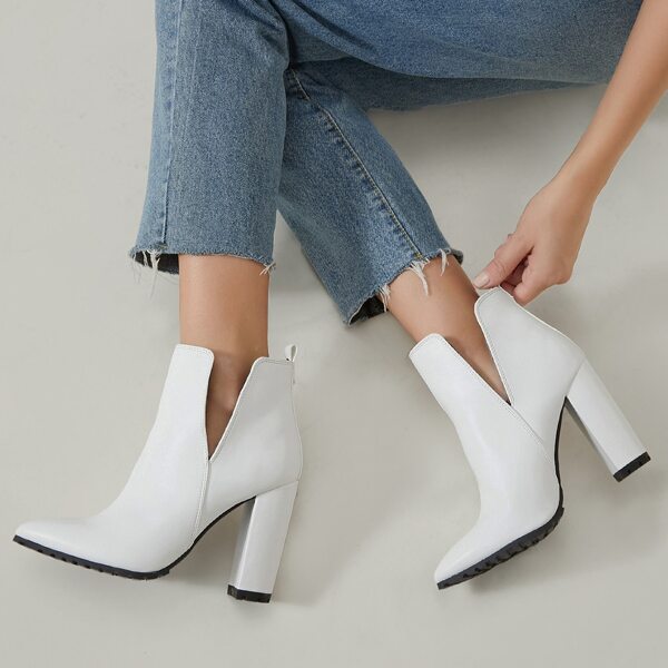 

Faux Leather Notched Block Heel Slip-On Boots, White