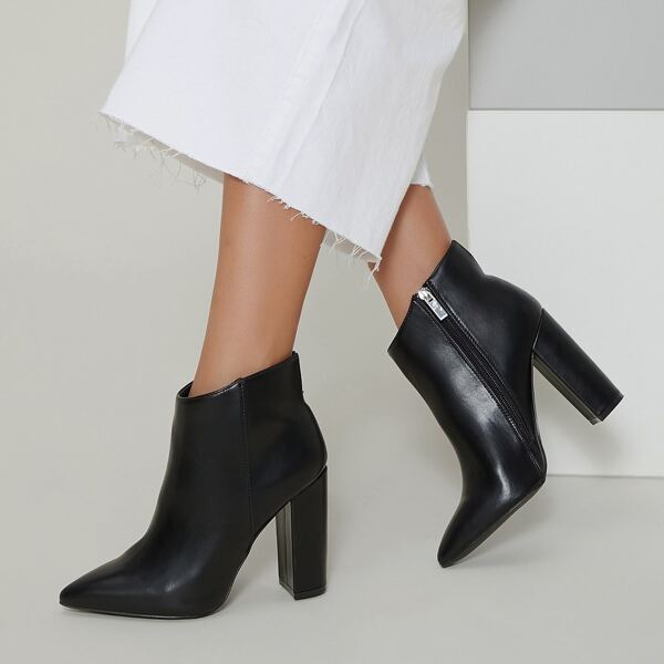 

Faux Leather Pointed Toe Zip-Up Ankle Booties, Black