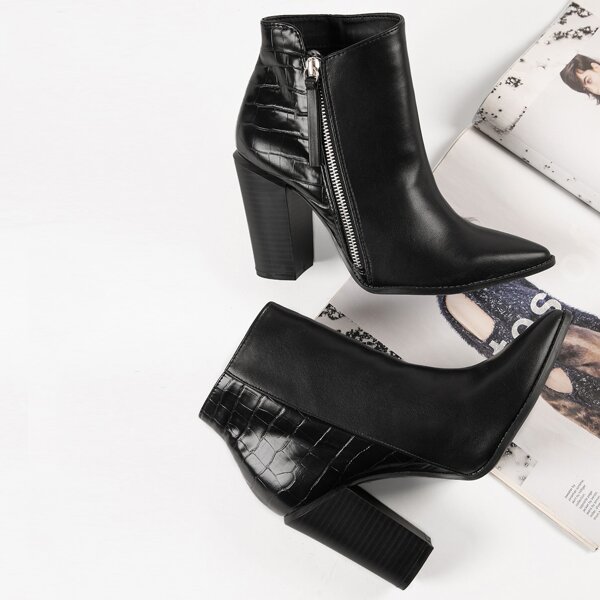 

Croc Embossed Faux Leather Zip-Up Boots, Black