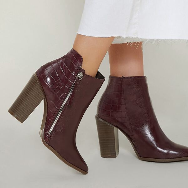 

Faux Croc Leather Pull-Zip Stacked Heel Boots, Burgundy