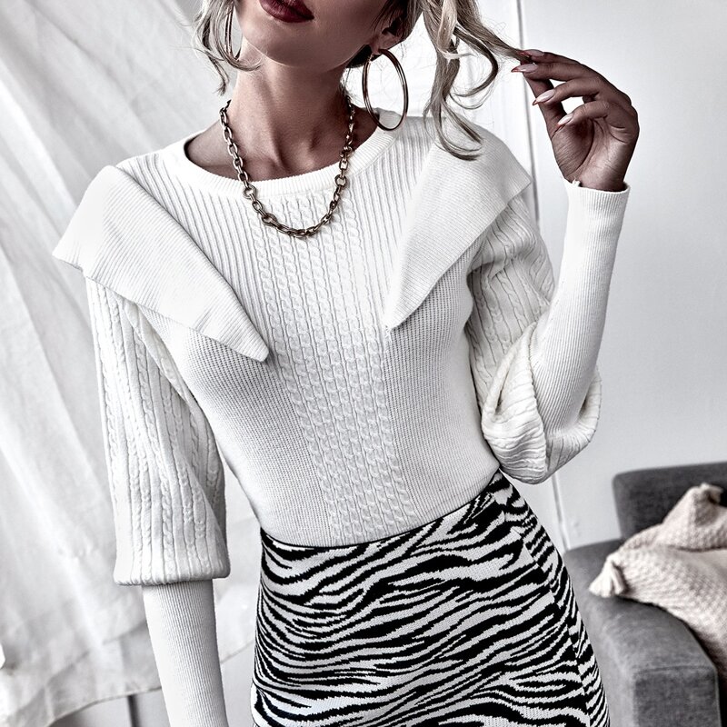 

Cable Knit Ruffle Trim Gigot Sleeve Sweater, White