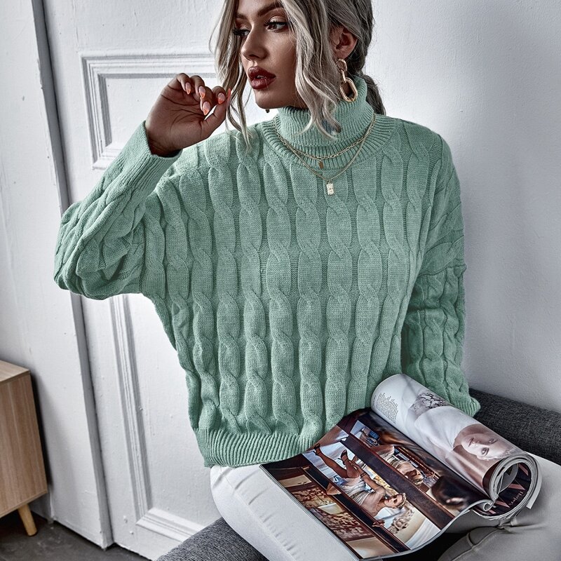 

Cable Knit Turtleneck Drop Shoulder Sweater, Mint green