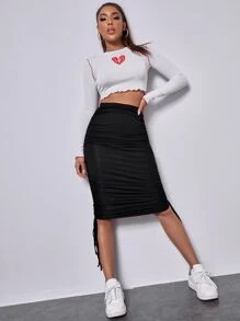 SHEIN EZwear 抽褶抽繩鉛筆半身裙 - 黑色 - 查看 5