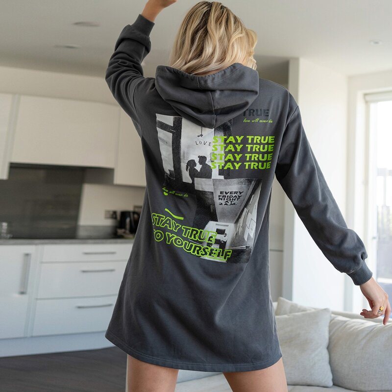 

Slogan & Picture Print Sweatshirt Dress, Dark grey