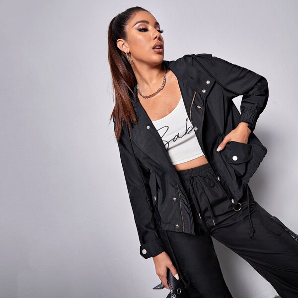 

O-ring Zip Up Drawstring Hooded Windbreaker Jacket, Black