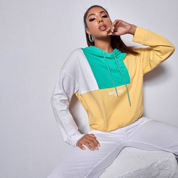 

Color Block Drop Shoulder Drawstring Hoodie, Multicolor