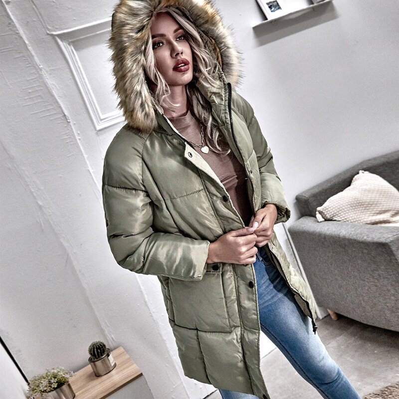 

Contrast Faux Fur Zip-up Hooded Puffer Coat, Army green
