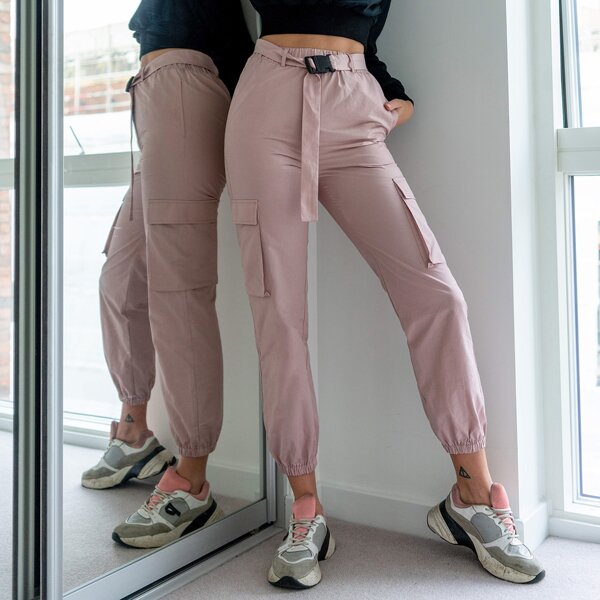 

Flap Pocket Push Buckle Belted Cargo Pants, Pastel dusty pink