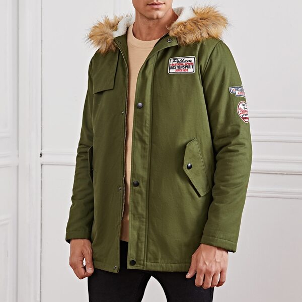 

Men Patched Faux Fur Hooded Parka Coat, Army green