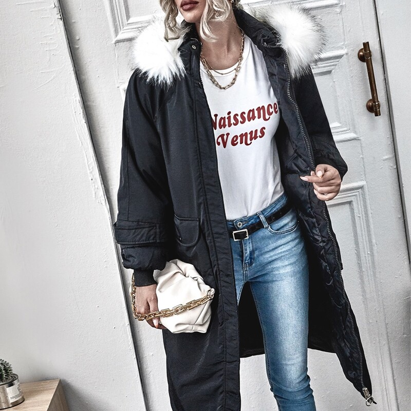 

Contrast Faux Fur Zip-up Hooded Parka Coat, Black