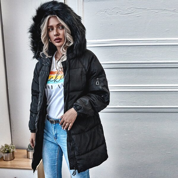 

Contrast Faux Fur Zip-up Hooded Puffer Coat, Black