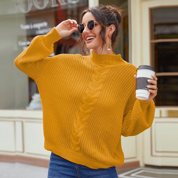 

Cable Knit Stand Collar Oversized Sweater, Mustard yellow