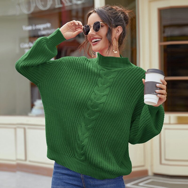 

Cable Knit Stand Collar Oversized Sweater, Green