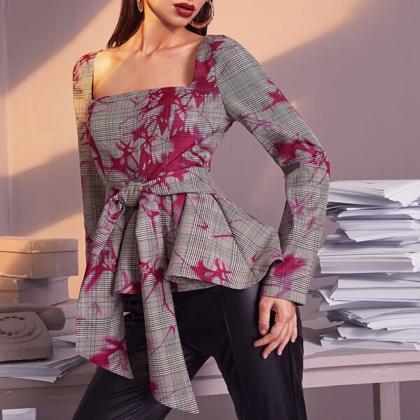 

Tie Dye Belted Peplum Top, Multicolor
