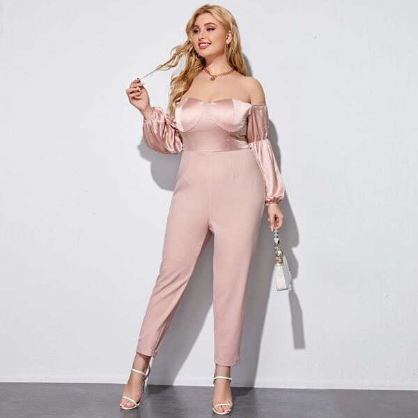 

Plus Off Shoulder Zip Back Jumpsuit, Pastel dusty pink