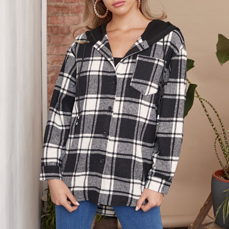 

Plaid Hooded Button Front Coat, Black and white