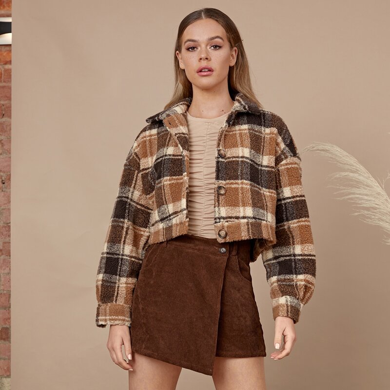 

Plaid Drop Shoulder Button Front Teddy Jacket, Multicolor