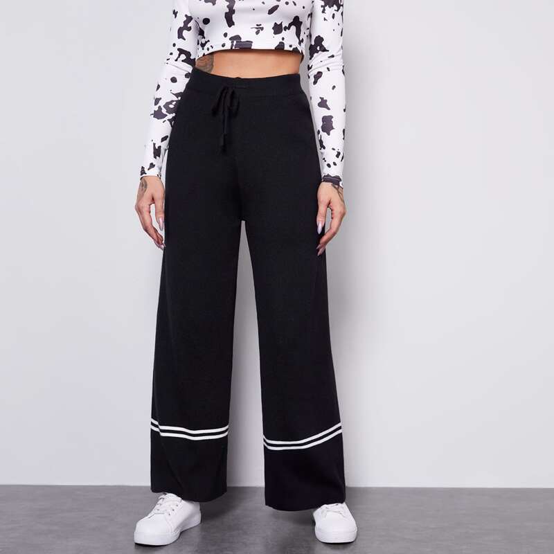 

Drawstring Waist Wide Leg Knit Pants, Black