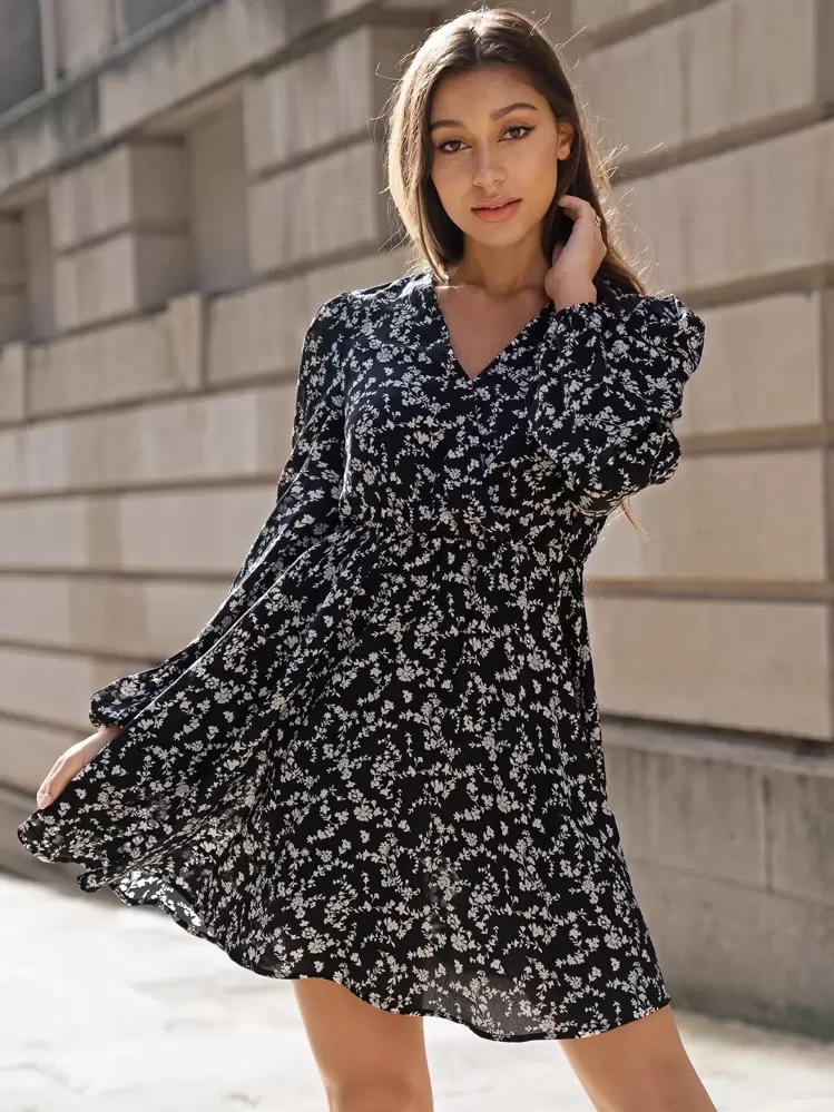 chinese dress ladies Shein- Lace Button Front Puff Sleeve A-line Dress  Bagallery