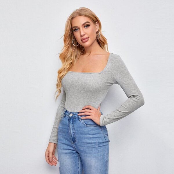 

Solid Square Neck Slim Tee, Light grey