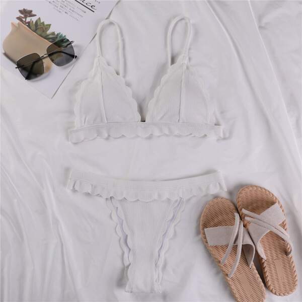 

Rib Scallop Trim Triangle Bikini Swimsuit, White
