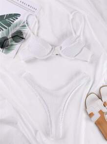 SHEIN Swim Textured Underwire High Cut Bikini Set Summer Beach - White - View 4