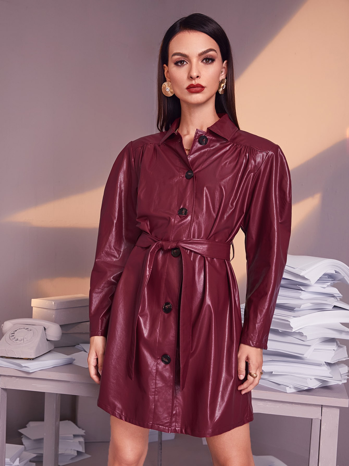 Button Front Belted PU Leather Dress thumbnail